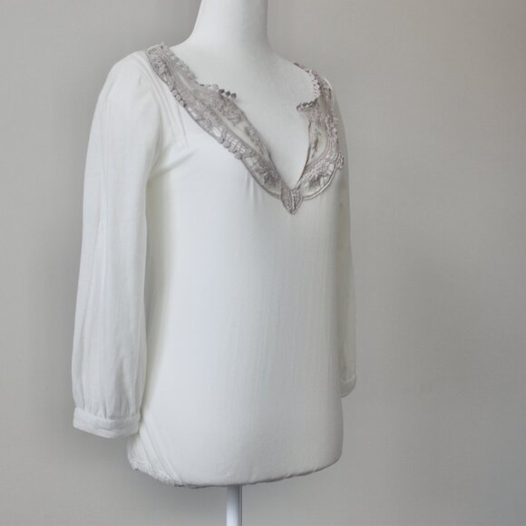Billabong Vintage Y2K Cotton Off-White Lace V-Neck Long-Sleeve BlouseTop Small - Picture 4 of 12